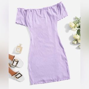 Lilac off the shoulder cotton dress.